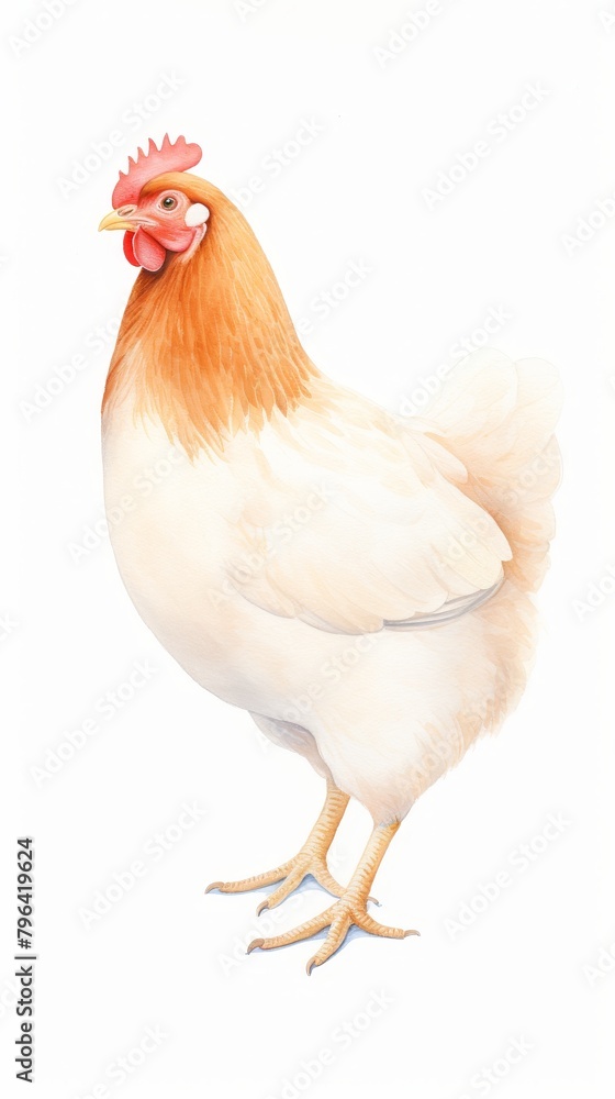 A watercolor painting of a chicken standing on a white background.