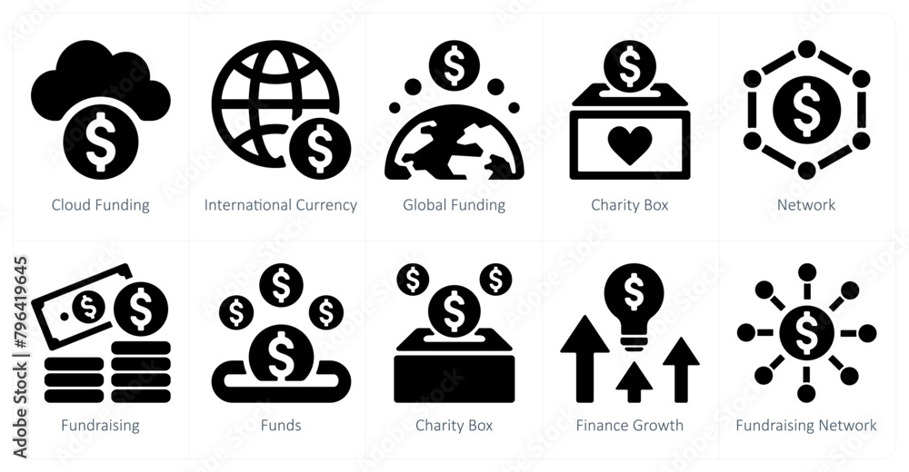 A set of 10 crowdfunding icons as cloud funding, international currency, global funding A set of 10 crowdfunding icons as cloud funding, international currency, global funding