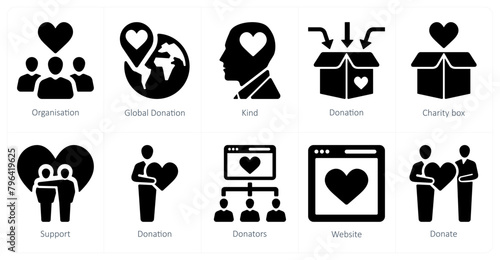 A set of 10 crowdfunding icons as organisation, global donation
