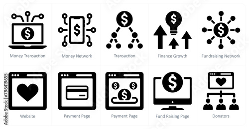 A set of 10 crowdfunding icons as money transation, money network, transaction
