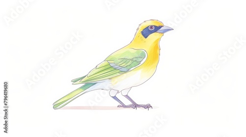 A watercolor painting of a bird with a yellow body, green wings, and a black face.