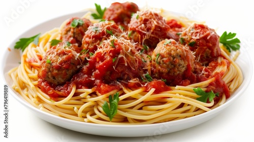 Delectable and nutritious top view of spaghetti with meatballs made from lean turkey, whole wheat pasta, and a robust homemade vegetable tomato sauce, isolated