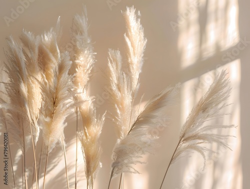 Fluffy pampas grass Background of reed panicles, Reeds on a beige background 