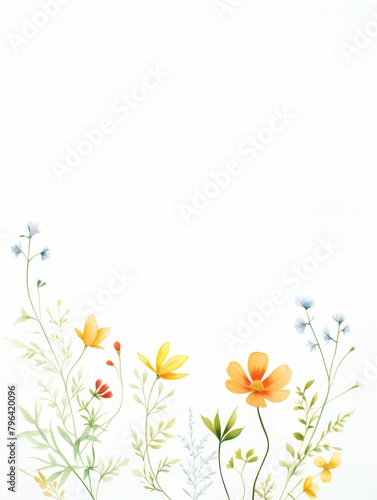 A watercolor painting of a variety of flowers including orange cosmos, bluebells, and red poppies.
