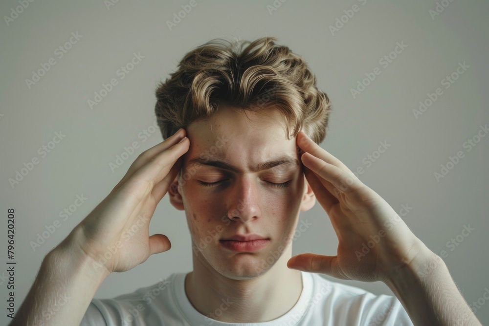 A young man looking stressed and holding his head. Suitable for illustrating stress and mental health issues A young man looking stressed and holding his head. Suitable for illustrating stress and mental health issues