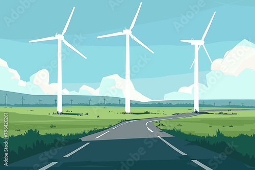 Wind farm, wind turbines in the field, wind towers, renewable energy sources - vector illustration