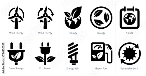 A set of 10 Ecology icons as wind energy, ecology, nature
