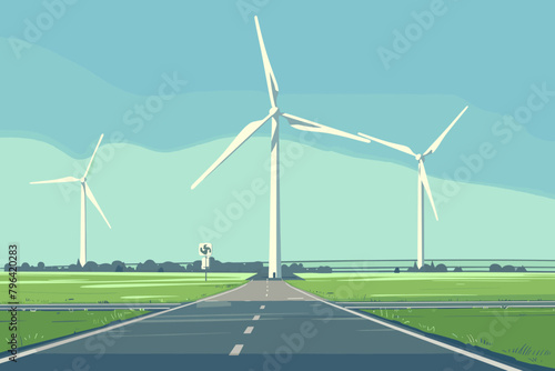 Wind farm, wind turbines in the field, wind towers, renewable energy sources - vector illustration