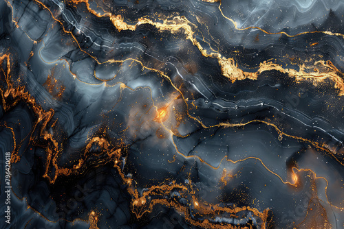  A dark blue and black marble pattern with golden veins, resembling an oil painting. Created with Ai © Stock