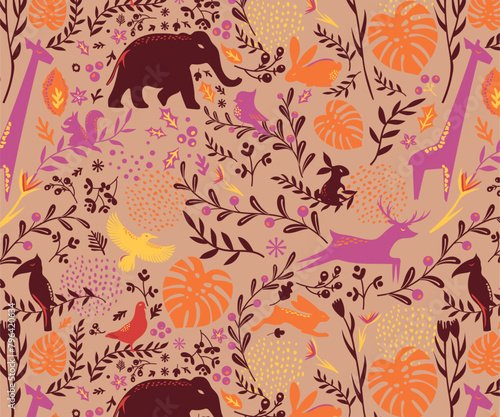 Vintage Floral Animal Print Pattern Wallpaper Vector_Taupe Combo © Zler