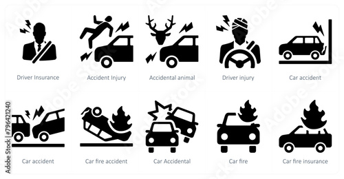 A set of 10 Insurance icons as driver insurance, accident injury, accidental animal