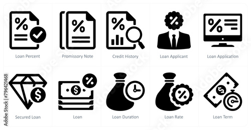 A set of 10 Loan and Debt icons as loan percent, promissory note, credit history