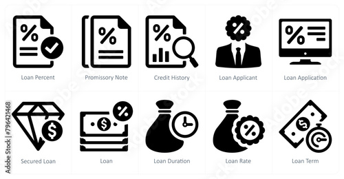 A set of 10 Loan and Debt icons as loan percent, promissory note, credit history photo
