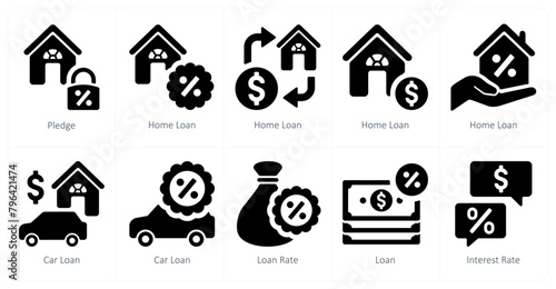 A set of 10 Loan and Debt icons as pledge, home loan, car loan