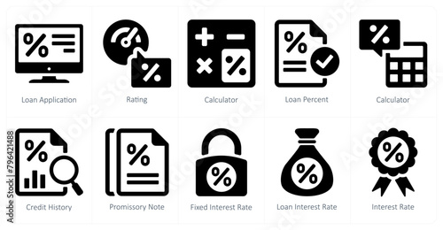A set of 10 Loan and Debt icons as loan application, rating, calculator