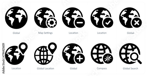 A set of 10 Navigation icons as global, map settings, location
