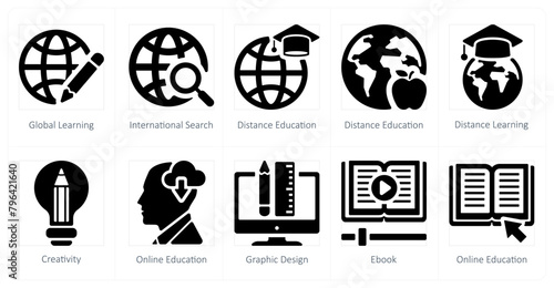 A set of 10 online education icons as global learning, international search, distance education