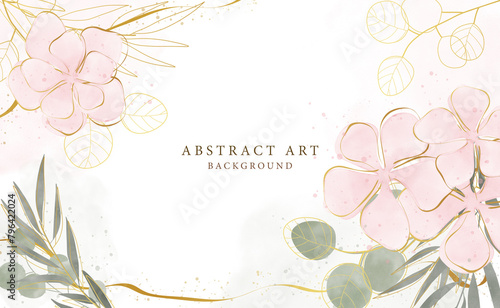 Abstract art background vector. Luxury minimal style wallpaper with golden line art flower and botanical leaves, Organic shapes, Watercolor. Vector background for banner, poster, Web and packaging.