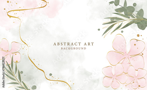 Abstract art background vector. Luxury minimal style wallpaper with golden line art flower and botanical leaves, Organic shapes, Watercolor. Vector background for banner, poster, Web and packaging.