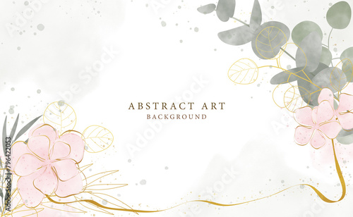 Abstract art background vector. Luxury minimal style wallpaper with golden line art flower and botanical leaves, Organic shapes, Watercolor. Vector background for banner, poster, Web and packaging.