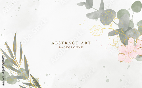 Abstract art background vector. Luxury minimal style wallpaper with golden line art flower and botanical leaves, Organic shapes, Watercolor. Vector background for banner, poster, Web and packaging.