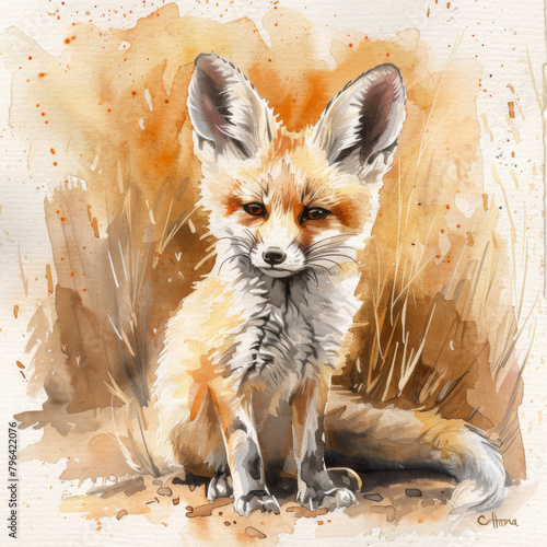 Watercolor painting of a fox sitting attentively with a warm, autumnal backdrop, blending realism and artistic expression.