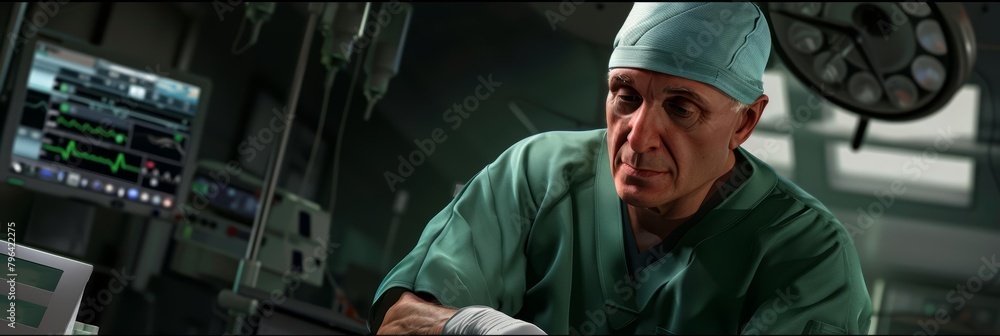 A detailed 3Drendered surgeon, clad in realistic scrubs, performs a delicate operation, his hands steady as he focuses intently on the task at hand A detailed 3Drendered surgeon, clad in realistic scrubs, performs a delicate operation, his hands steady as he focuses intently on the task at hand