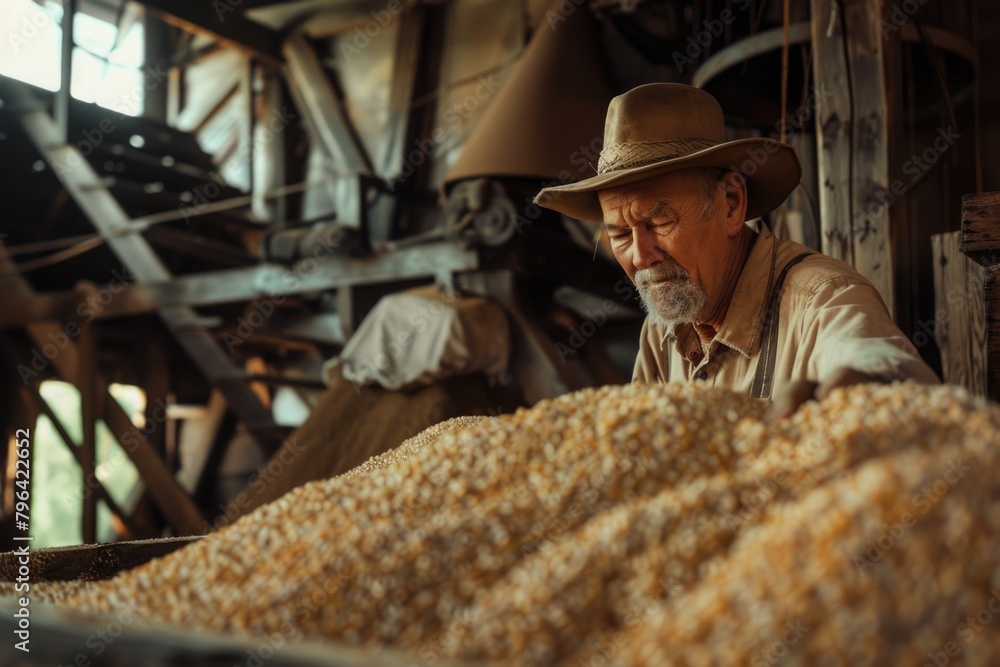 A man in a hat observing a pile of corn. Suitable for agricultural concepts A man in a hat observing a pile of corn. Suitable for agricultural concepts