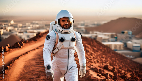 Astronaut man in white spacesuit walking. Mars landscape of the sky and earth. planet around a futuristic city