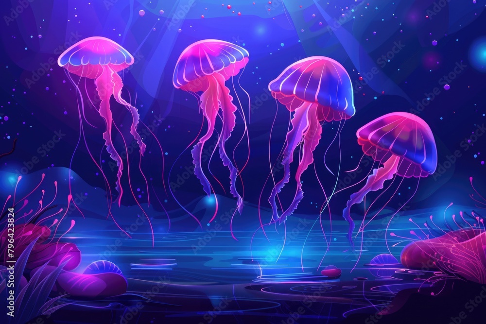 A group of jellyfish floating in the water. Suitable for marine life themes A group of jellyfish floating in the water. Suitable for marine life themes