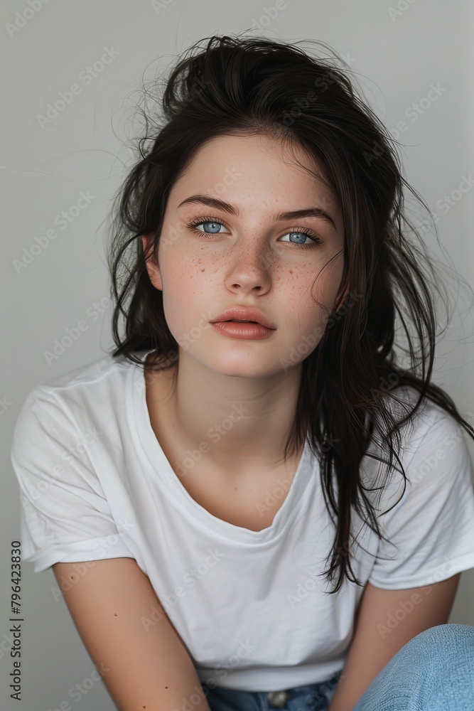 Modeling photography of a woman with a black hair, blue eyes, white t-shirt, Modeling photography of a woman with a black hair, blue eyes, white t-shirt,