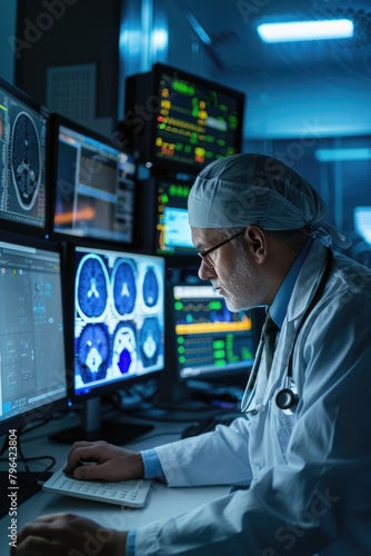 A man in a lab coat working on a computer. Suitable for technology and science concepts