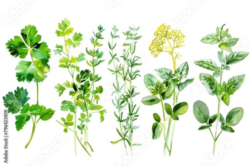 A collection of different types of herbs on a plain white background. Ideal for culinary and herbal medicine concepts