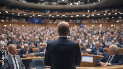 Politician speaks to colleagues against the backdrop of a blurred audience