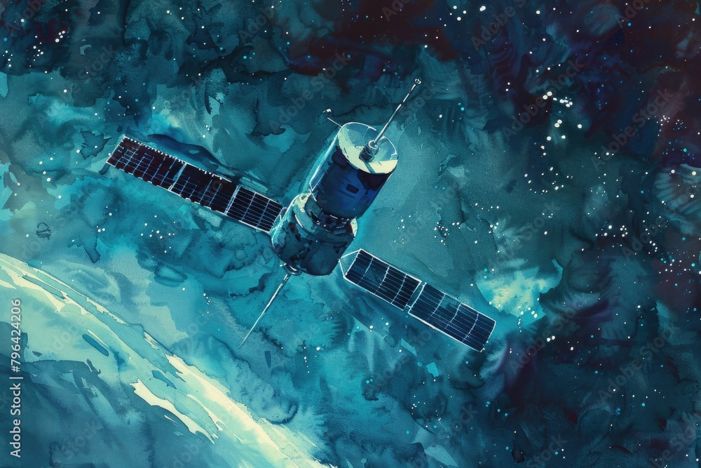 A painting of a futuristic space station floating in the sky. Great for science fiction themed designs A painting of a futuristic space station floating in the sky. Great for science fiction themed designs