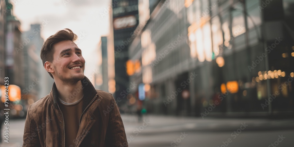 Guy 25 years old European appearance, looking away, looking into the future, smiling, city background, buildings, type of shooting commercial photography
