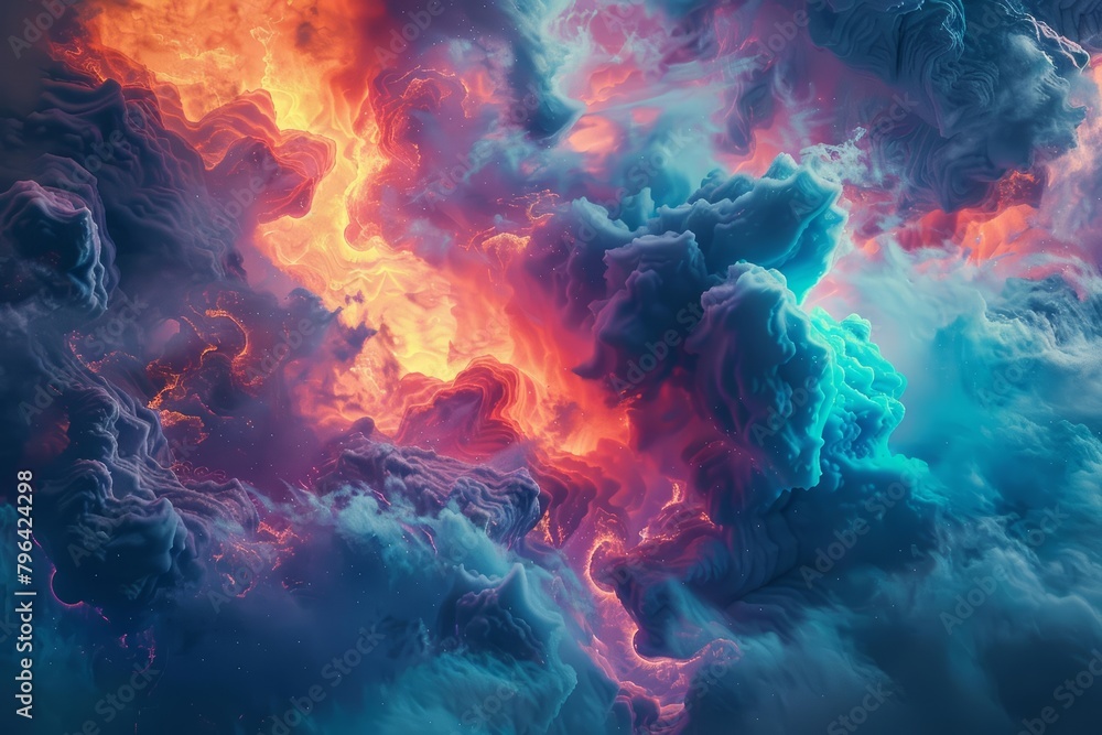 Design an abstract art background featuring a simulation of exploding clouds, conveying the concept of fastpaced innovation and creative ideas in the finance industry Design an abstract art background featuring a simulation of exploding clouds, conveying the concept of fastpaced innovation and creative ideas in the finance industry