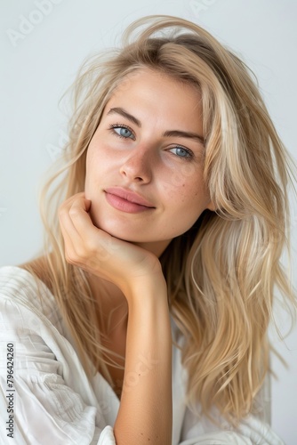 nice blonde woman, portrait on the white background