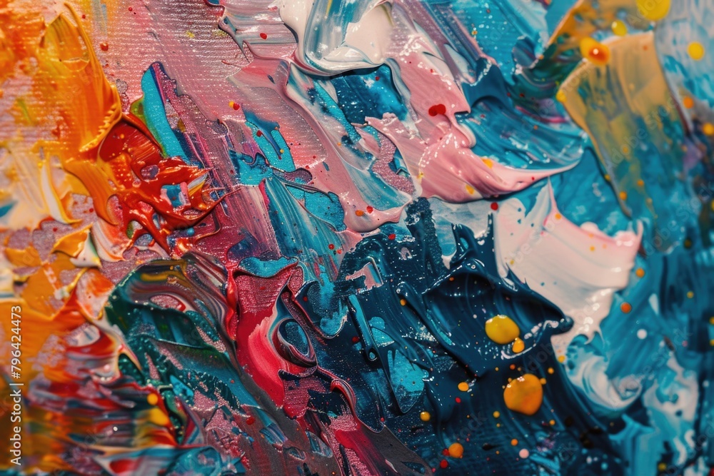 Close up of a vibrant painting on canvas, perfect for art projects