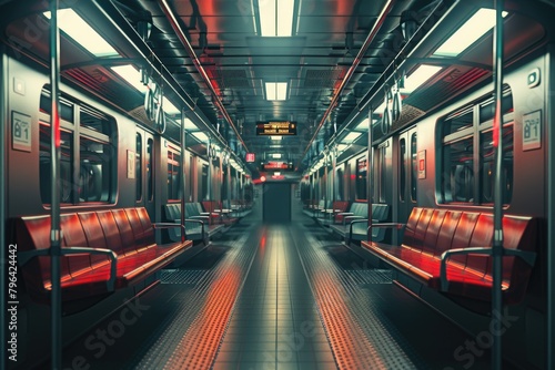 Interior of a subway car with red lights, suitable for transportation themes