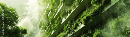 Energyefficient, highrise buildings stand adorned with vertical gardens, blending advanced technology with sustainable design photo