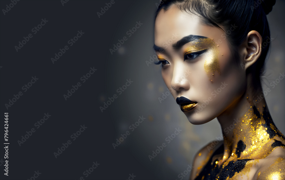 Mujer oriental con maquillaje dorado sobre fondo negro.  Plano de perfil de una chica maquillada con espacio de copia.
