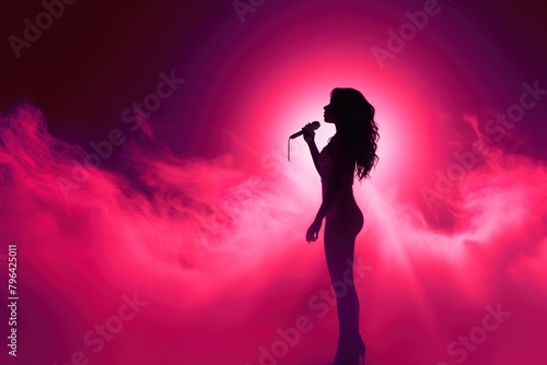 profile silhouette of a female singer with microphone on stage with fog and pink concert lighting