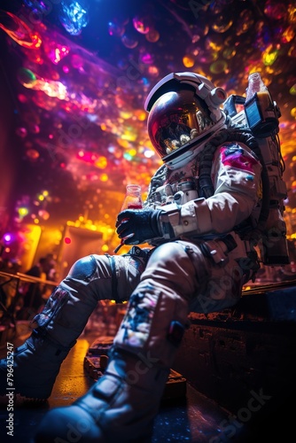 vertical image of astronaut in a space suit and helmet in a bar with a glass of cocktail with bright colorful lighting © Маргарита Вайс