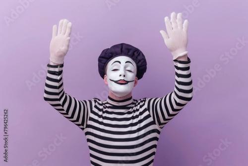 Mime artist in classic costume with expressive gestures. Ideal for theatrical concepts