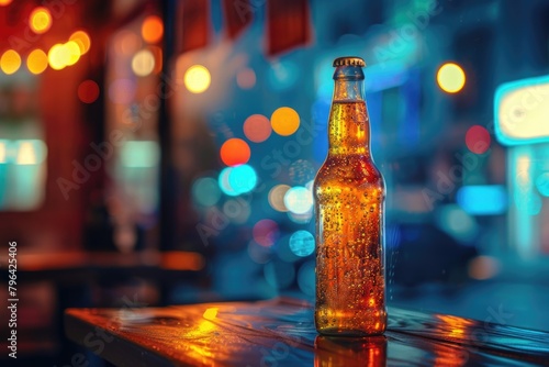 A bottle of beer on a rustic wooden table, suitable for food and beverage themes