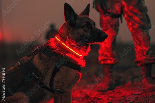 A dog wearing a red light collar for visibility in the dark. Suitable for pet safety products