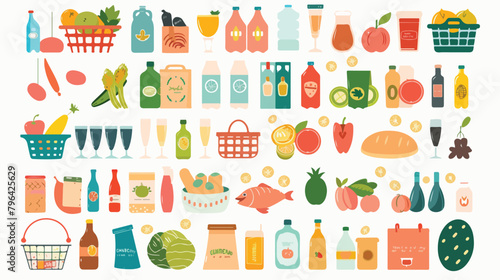 Fresh food from grocery set illustration in flat style