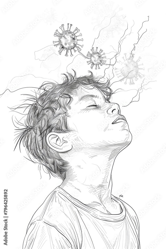 Illustration of a boy with germs coming out of his head, suitable for educational materials Illustration of a boy with germs coming out of his head, suitable for educational materials