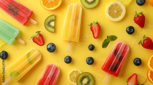 Colorful summer popsicles and fruit on a yellow background in a flat lay. A popsicle pattern with colorful ice lollies, oranges, grapefruits, lemons, blueberries and mint leaves for a healthy eating